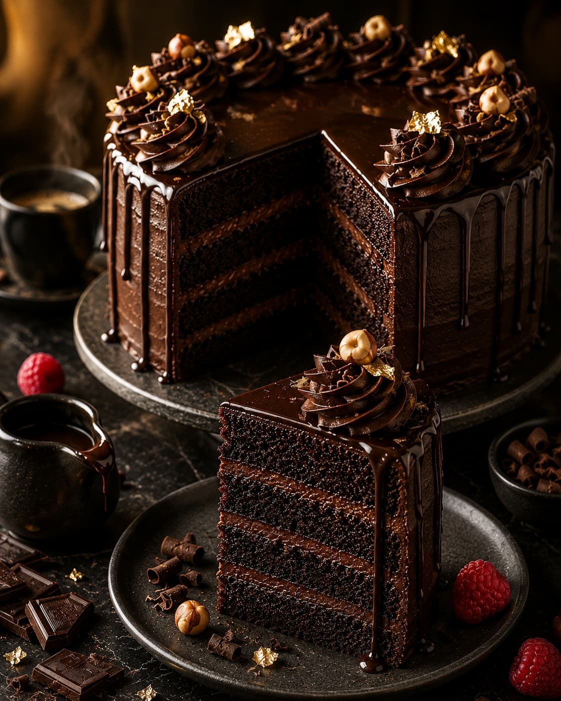 Rich chocolate cake with ganache frosting