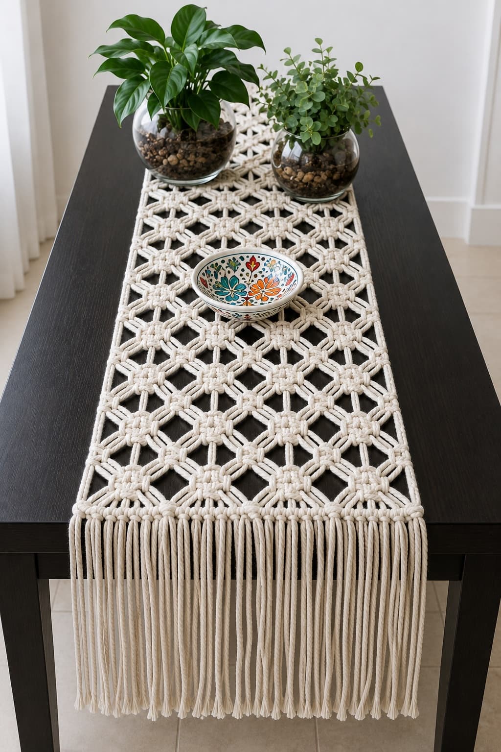 Handknotted macrame cotton cord table runner