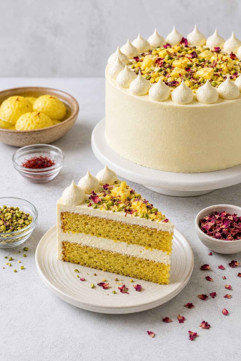 Rasmalai fusion cake with saffron and cardamom