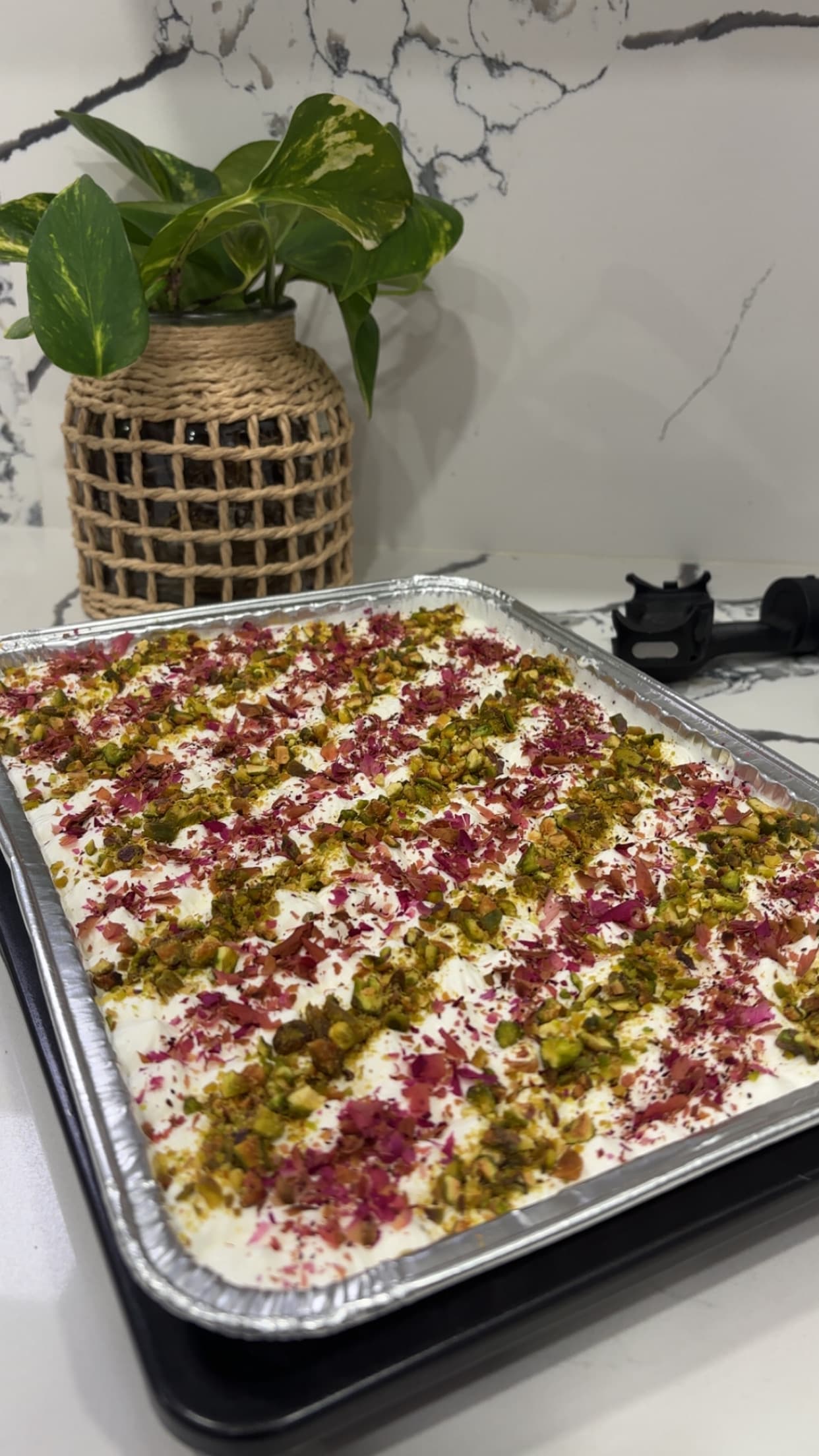 Tres leches cake tray topped with whipped cream